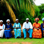 A diverse group of Gambian men and women of various ages, dressed in vibrant, modest traditional West African attire, gathered peacefully in a lush, verdant village setting by the Gambia River. They are engaged in quiet conversation and community activities, reflecting deep cultural roots and a sense of shared identity. The natural pose and correct proportions highlight their resilience and dignity. The scene is illuminated by soft, natural daylight, emphasizing authenticity and a harmonious atmosphere. This high-quality, professional photography captures a moment of everyday life, fully clothed, appropriate attire, safe for work, and family-friendly.