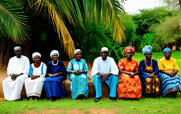A diverse group of Gambian men and women of various ages, dressed in vibrant, modest traditional West African attire, gathered peacefully in a lush, verdant village setting by the Gambia River. They are engaged in quiet conversation and community activities, reflecting deep cultural roots and a sense of shared identity. The natural pose and correct proportions highlight their resilience and dignity. The scene is illuminated by soft, natural daylight, emphasizing authenticity and a harmonious atmosphere. This high-quality, professional photography captures a moment of everyday life, fully clothed, appropriate attire, safe for work, and family-friendly.