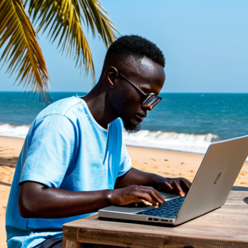 Home 14 Working by the Beach**
A fully clothed digital nomad working on a laptop at a table on a Gambian beach, fully clothed, modest attire, palm trees in the background, ocean view, bright daylight, safe for work, appropriate content, perfect anatomy, natural pose, professional quality, high resolution.
**