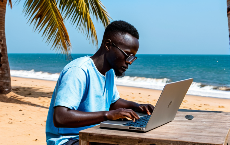 Working by the Beach**

A fully clothed digital nomad working on a laptop at a table on a Gambian beach, fully clothed, modest attire, palm trees in the background, ocean view, bright daylight, safe for work, appropriate content, perfect anatomy, natural pose, professional quality, high resolution.

**