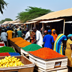 감비아에서의 여성 여행자 안전 - Busy Market Scene**

"A vibrant and bustling marketplace in Banjul, Gambia. Locals are selling color...