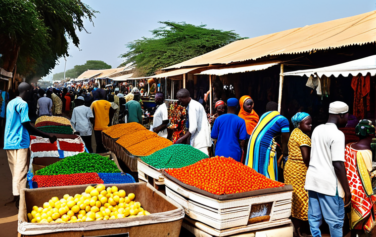 감비아에서의 여성 여행자 안전 - Busy Market Scene**
"A vibrant and bustling marketplace in Banjul, Gambia. Locals are selling color...