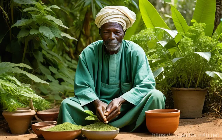 감비아 대체 의학 문화 - **Prompt 1: The Wise Gambian Herbalist**
    A realistic, high-definition image of an elderly, wise ...