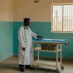 Home 8 감비아 병원 및 의료 시스템 - **Gambian State Hospital Consultation:** A compassionate, middle-aged Gambian male doctor, wearing a...