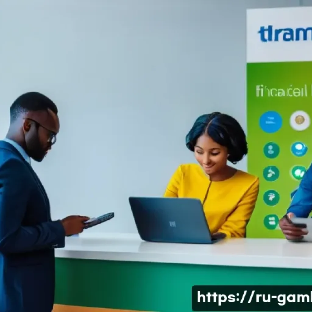 감비아에서의 은행 서비스 - A modern Gambian bank interior scene showcasing a diverse group of customers using digital banking s...