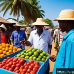 Home 22 감비아 입국 시 주의사항 - A vibrant Gambian market scene during the dry season, featuring friendly local vendors in traditiona...