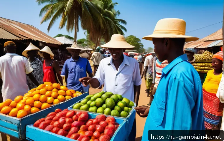 감비아 입국 시 주의사항 - A vibrant Gambian market scene during the dry season, featuring friendly local vendors in traditiona...
