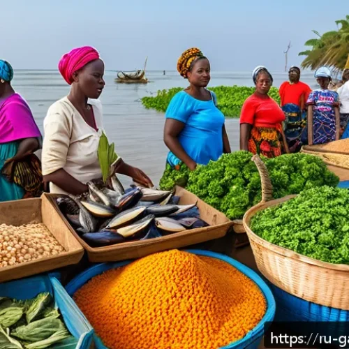 Home 33 감비아와 서아프리카 음식 비교 - A vibrant Gambian seafood market scene at the Atlantic coast during early morning, featuring fresh f...
