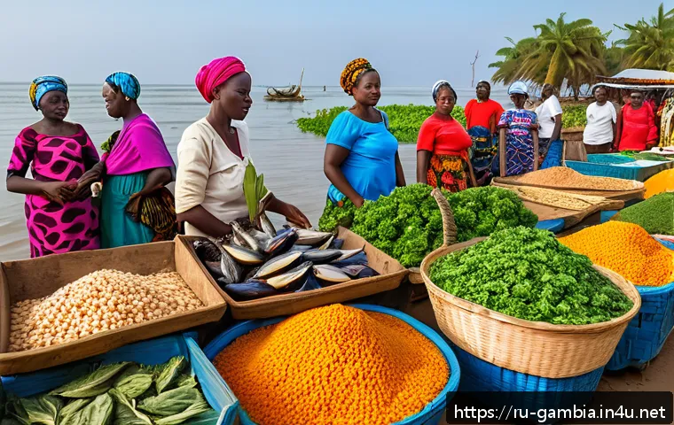 감비아와 서아프리카 음식 비교 - A vibrant Gambian seafood market scene at the Atlantic coast during early morning, featuring fresh f...