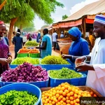 Home 20 감비아와 미국 외교 정책 - A vibrant marketplace scene in The Gambia showcasing American and Gambian entrepreneurs collaboratin...