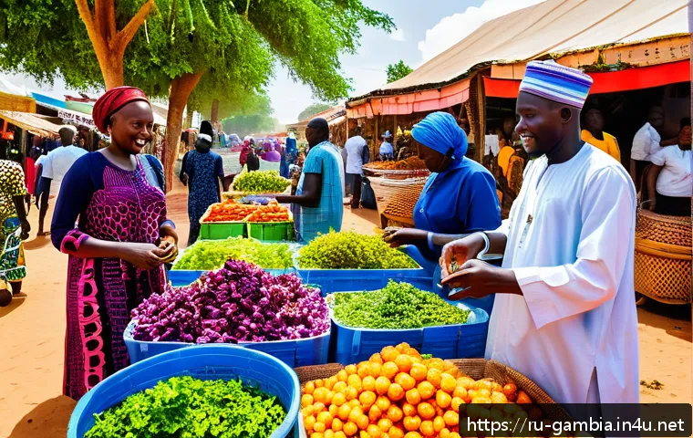 감비아와 미국 외교 정책 - A vibrant marketplace scene in The Gambia showcasing American and Gambian entrepreneurs collaboratin...