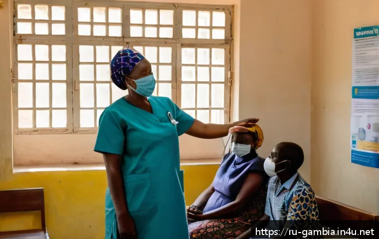 감비아에서의 자원봉사 기회 - A vibrant scene of a volunteer healthcare worker wearing modest, professional clothing and a face ma...