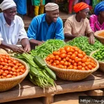 Home 18 감비아 전통 요리 - A vibrant Gambian market scene bustling with fresh produce stalls, featuring colorful baskets of fre...
