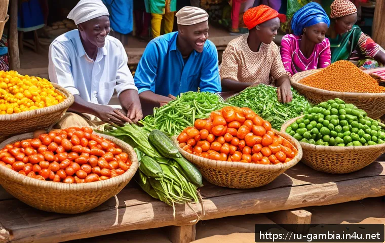 감비아 전통 요리 - A vibrant Gambian market scene bustling with fresh produce stalls, featuring colorful baskets of fre...