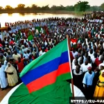 감비아의 역사적 사건 - Photorealistic historical reenactment of The Gambia’s independence celebration in 1965, a large crow...