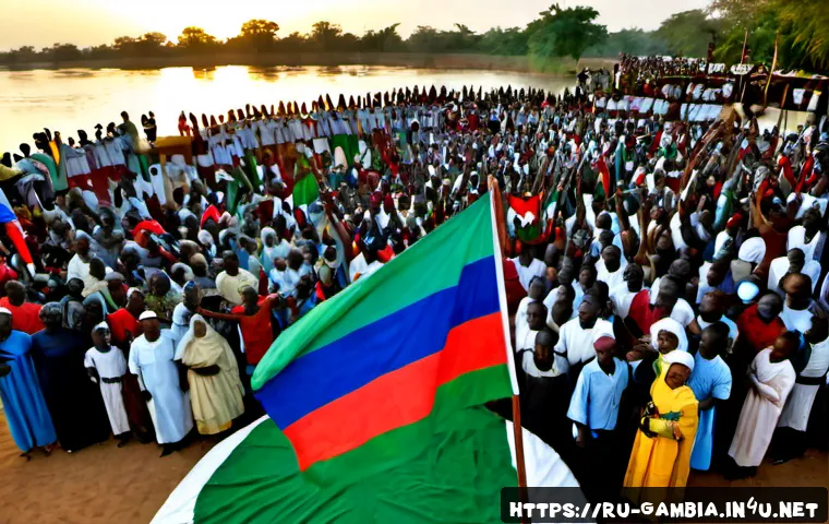 감비아의 역사적 사건 - Photorealistic historical reenactment of The Gambia’s independence celebration in 1965, a large crow...