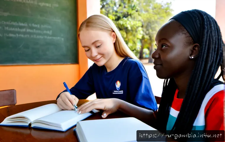 Home 17 감비아 유학 및 교육 교류 - Photorealistic university education exchange scene in The Gambia, a Russian-speaking international s...