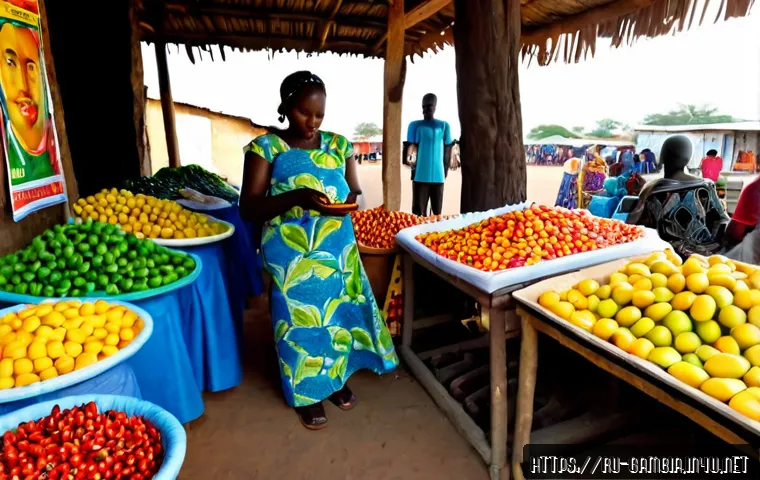 Home 17 감비아 바칼롱 시장 탐방 - Photorealistic morning exploration of Bakolong Market in The Gambia, a Russian-speaking traveler bro...